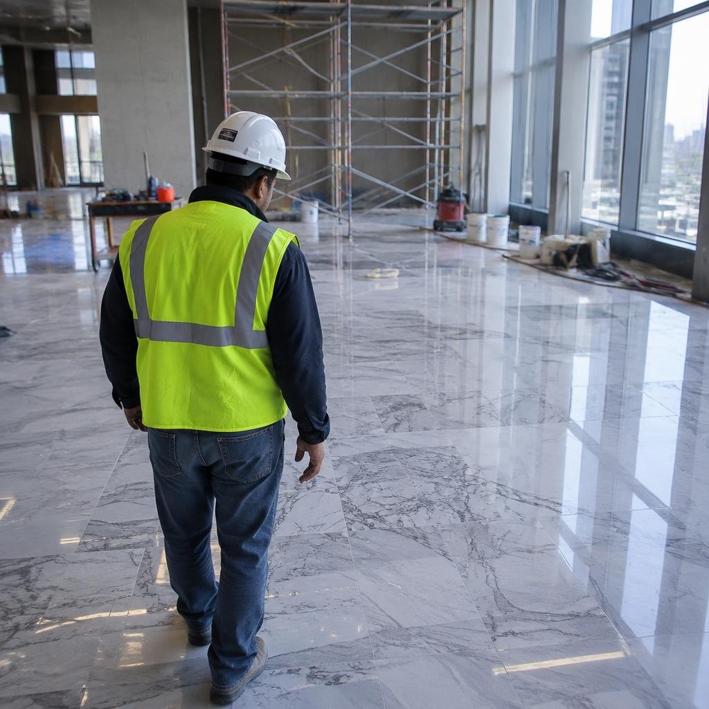 Contractor inspecting a new marble floor