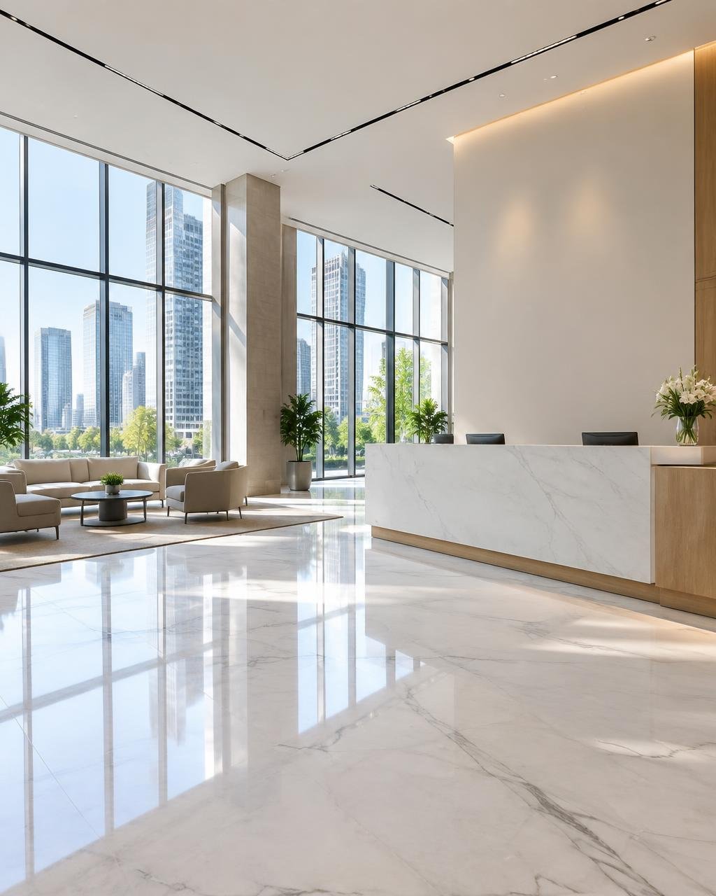 Commercial lobby with polished marble floors